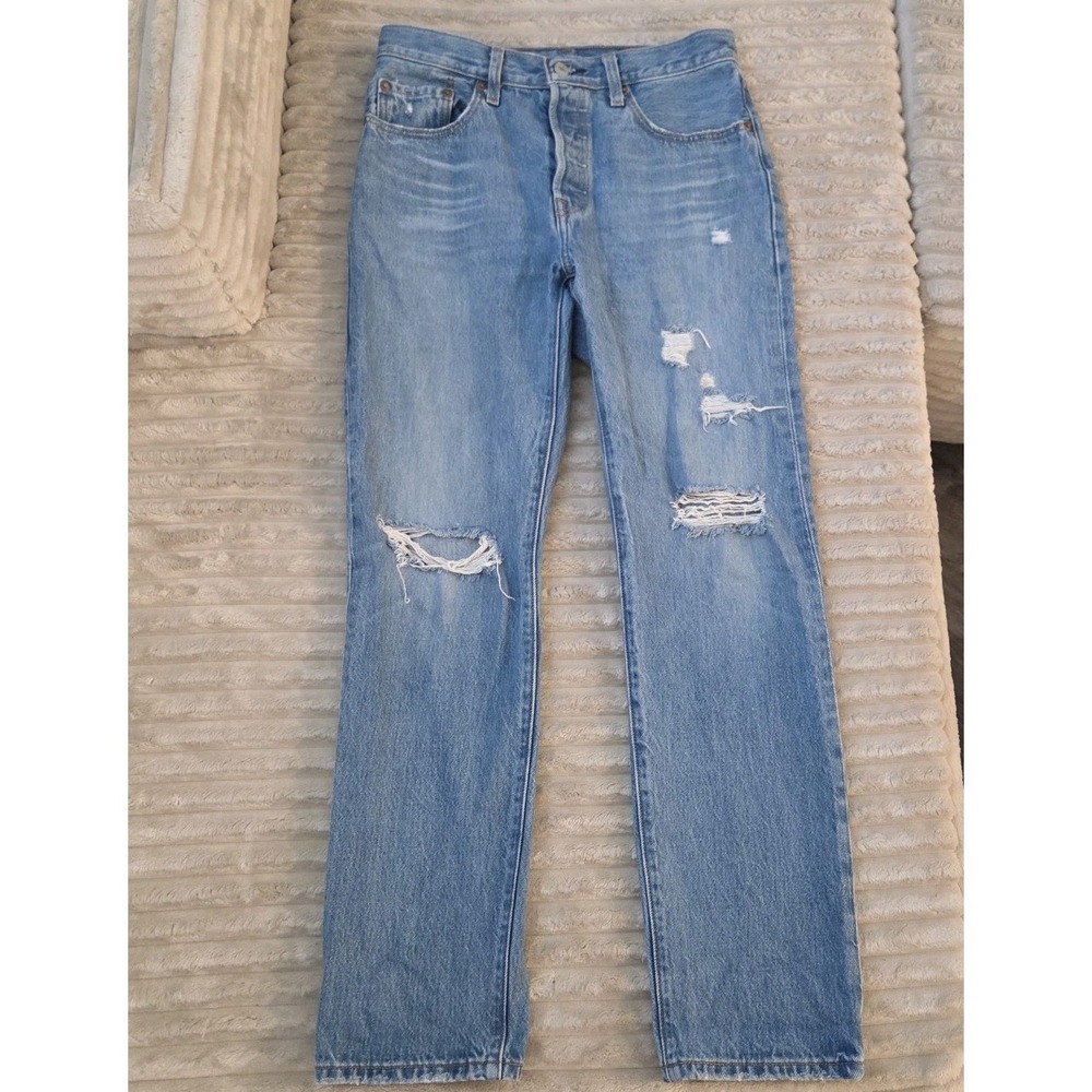 Levi's 501 Original Fit Jeans Womens W27 L30 Light Wash Distressed Ripped Denim